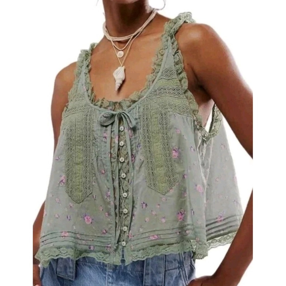 Free People‎ Forevermore Tank Blouse Top Sheer Lace Green Boho Fairy Whimsy Bow
